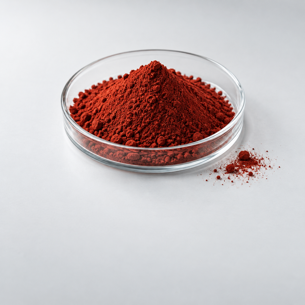 Red astaxanthin powder in a clear glass dish