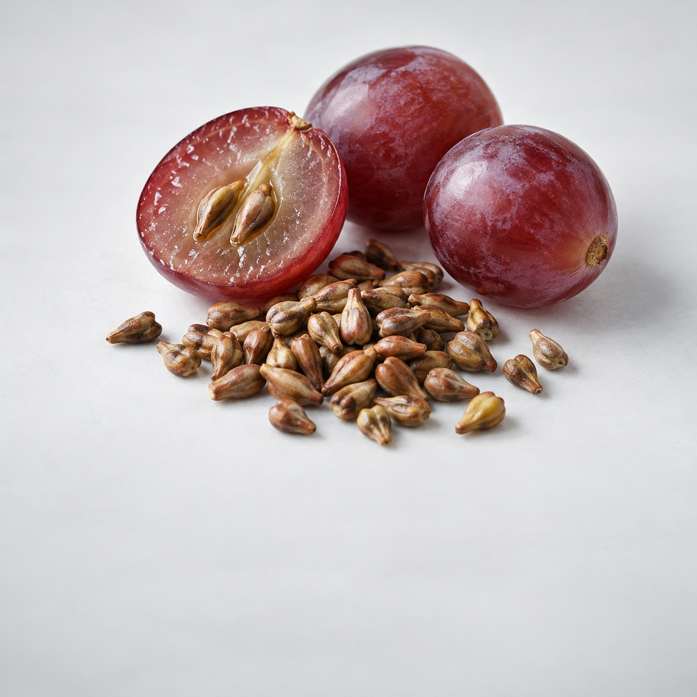 Grape seeds beside red grapes and a cut grape