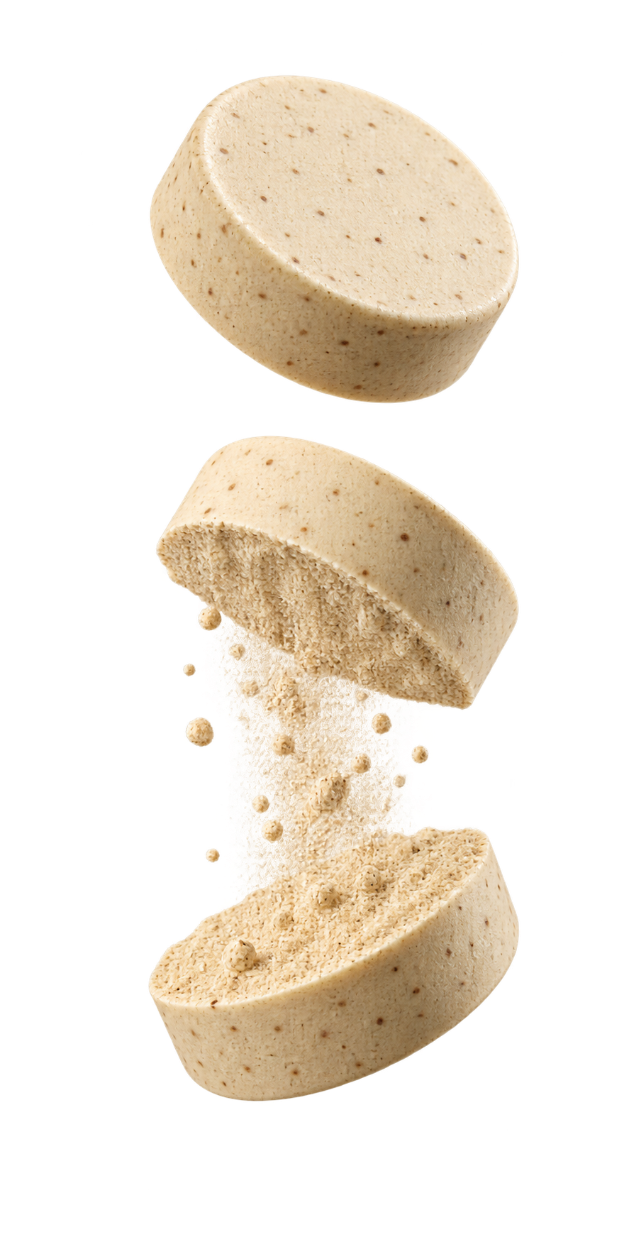 Floating cutaway of round cream-speckled OSTRA tablets